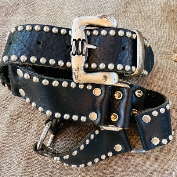 Very Worn Studded Black Leather Belt Leatherock - Picture 4 of 10